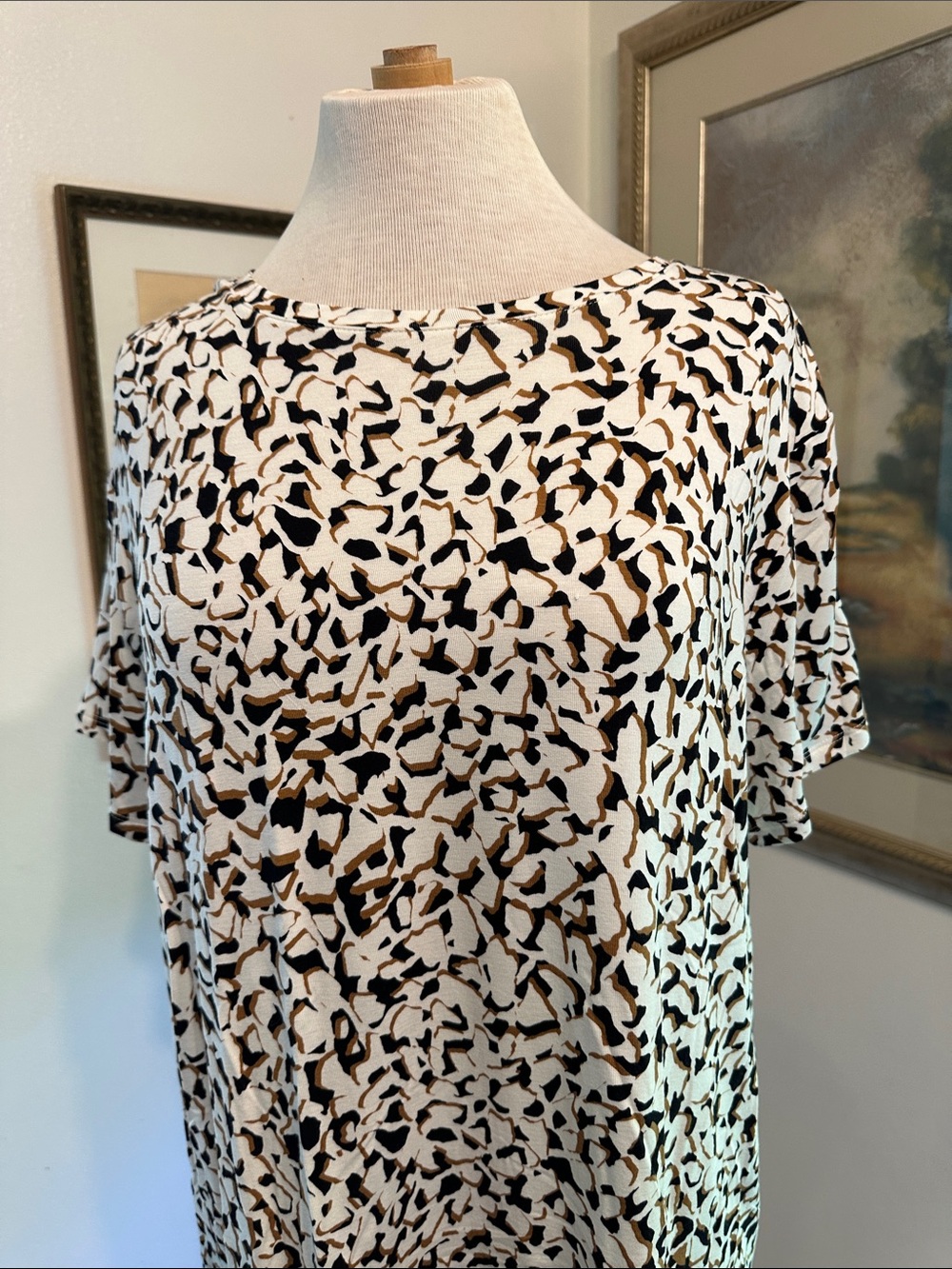 NINE WEST Soft Spun Short Sleeve Cream/Black/Camel Pattern Top XXL - Picture 4 of 11